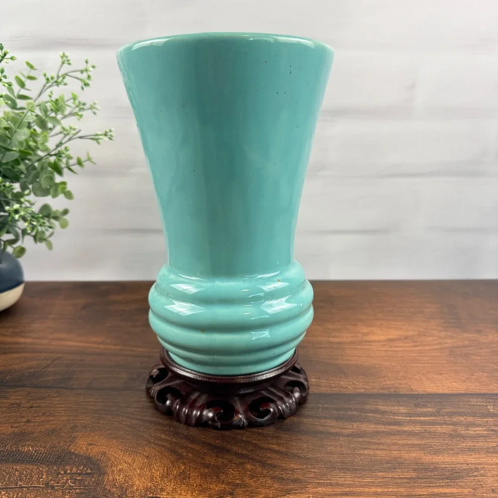 McCoy USA Pottery Aqua Turquoise Flared Vase Ringed Base Mid Century